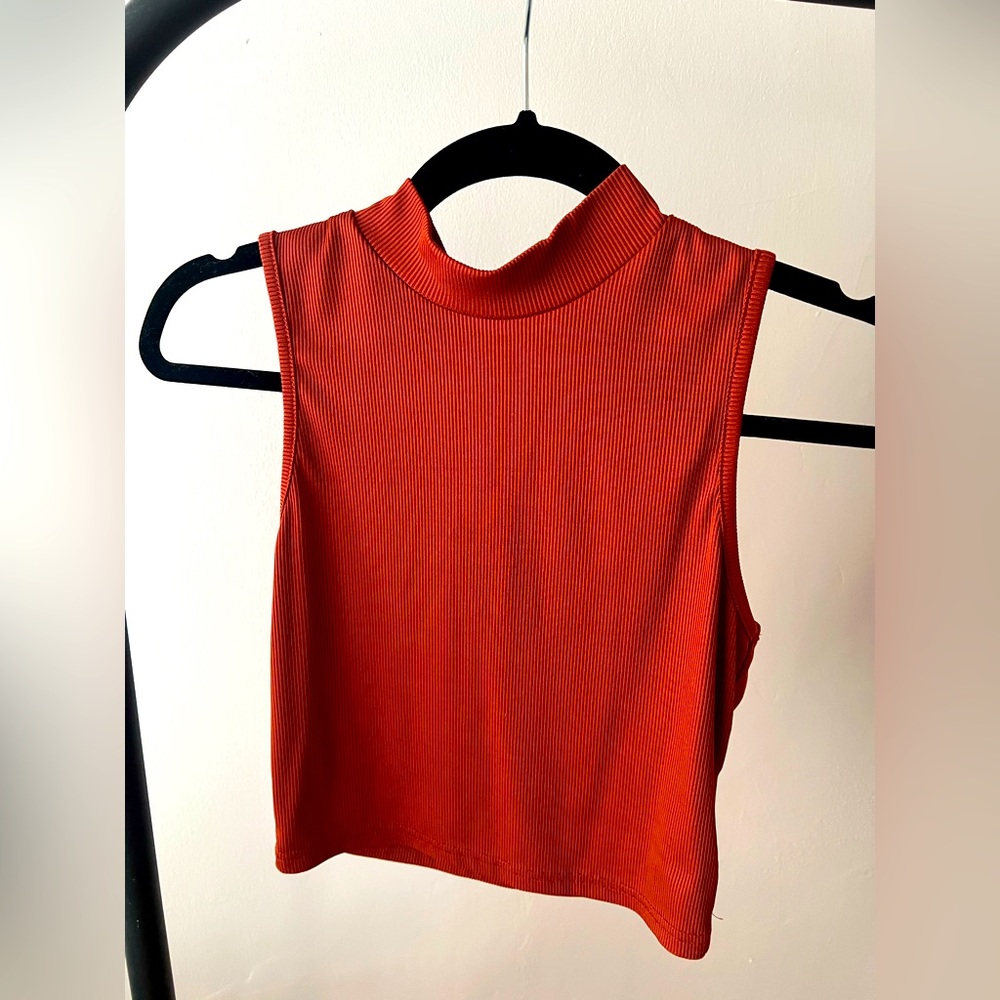 Red mock neck ribbed crop